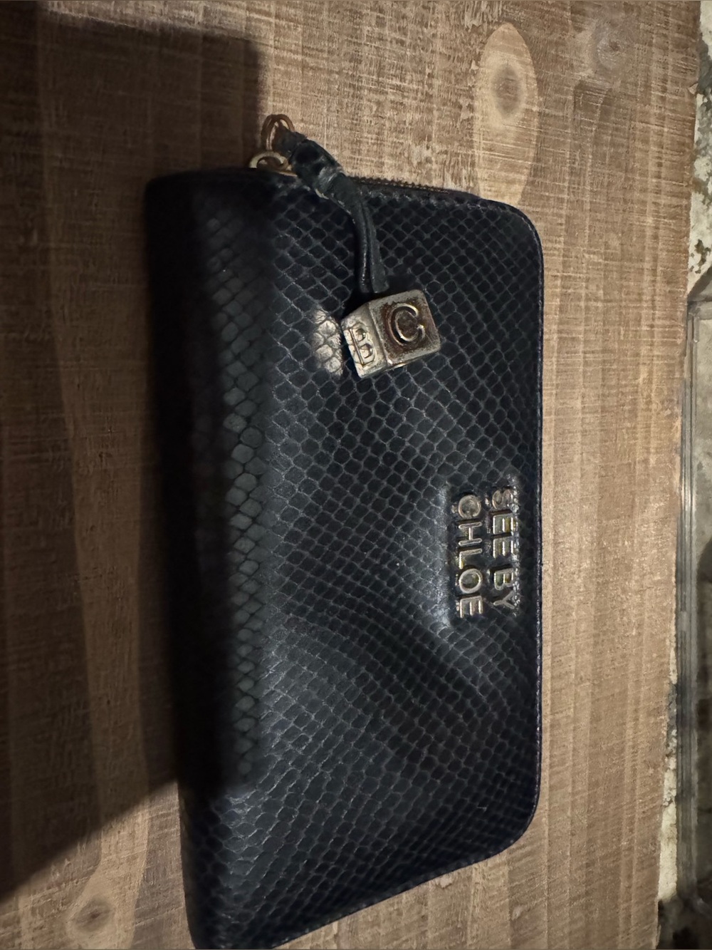 See by Chloé Black Embossed Snakeskin Zip Around Continental Wallet